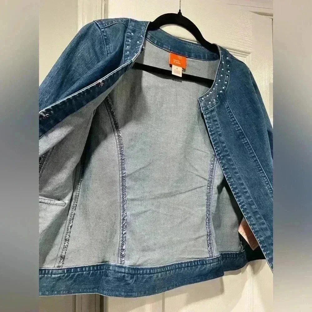 Hearts of Palm 3/4 Sleeve Rhinestone Crew Neck Denim Jacket Hook Loop Size 6 - Picture 2 of 10